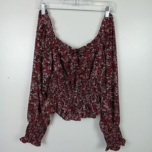 Voy Off Shoulder Ditsy Floral Cropped Long Sleeve Blouse| Size L Peasant Smocked